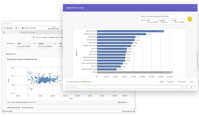 Screenshots of a Qlik Sense dashboard demonstrating search and conversational analytics